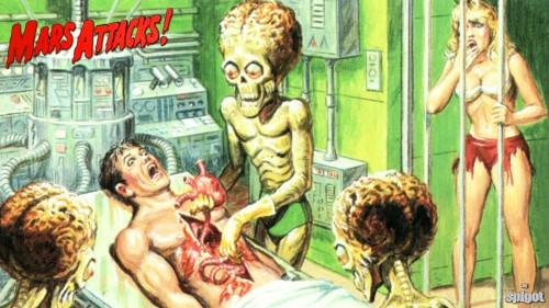 The Mars Attacks cards were illustrated by Wally Wood and often juxtaposed grotesque and sexually suggestive images.  Basically, catnip for adolescent bows.