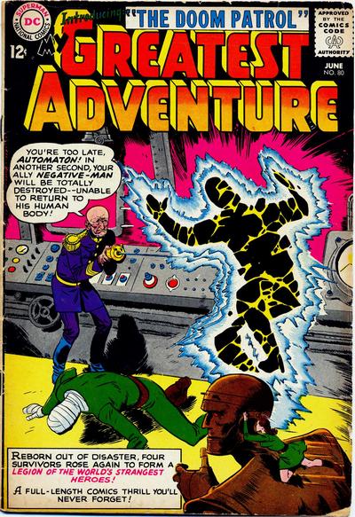 The Doom Patrol first appeared in My Greatest Adventure #80 in 1963 before moving into their own series.  Elasti-girl is depicted in miniaturized form in the bottom right of this cover.
