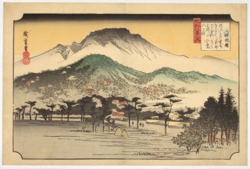 Example of an ukiyo-e woodblock print by the master Ando Hiroshige.  Ukiyo-e continue exercise a great influence on the aesthetics of manga, from the way figures are placed in panels to the detailed rendering of natural backgrounds.
